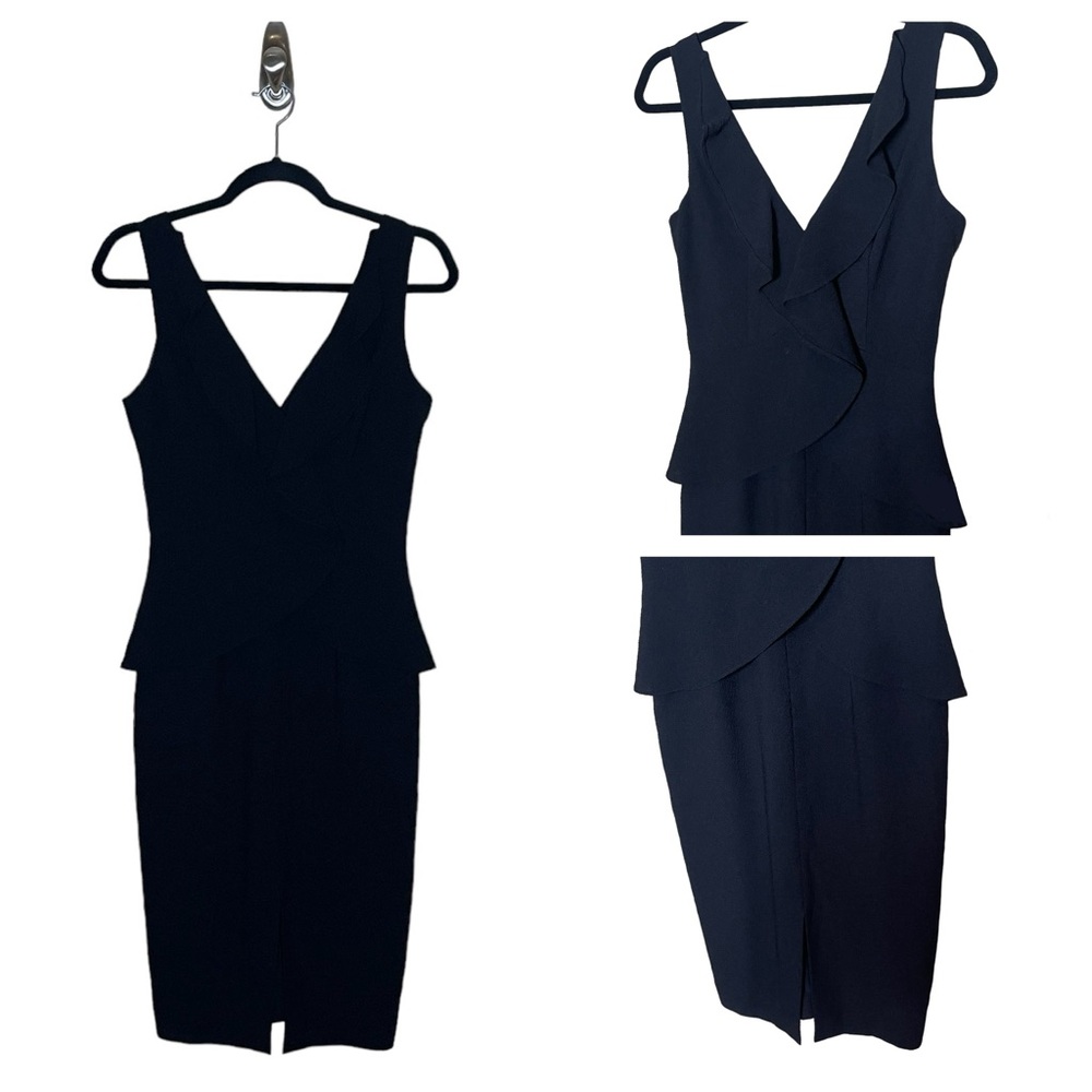 Black Halo Ruffle Neckline Sleeveless Fitted Midi Dress